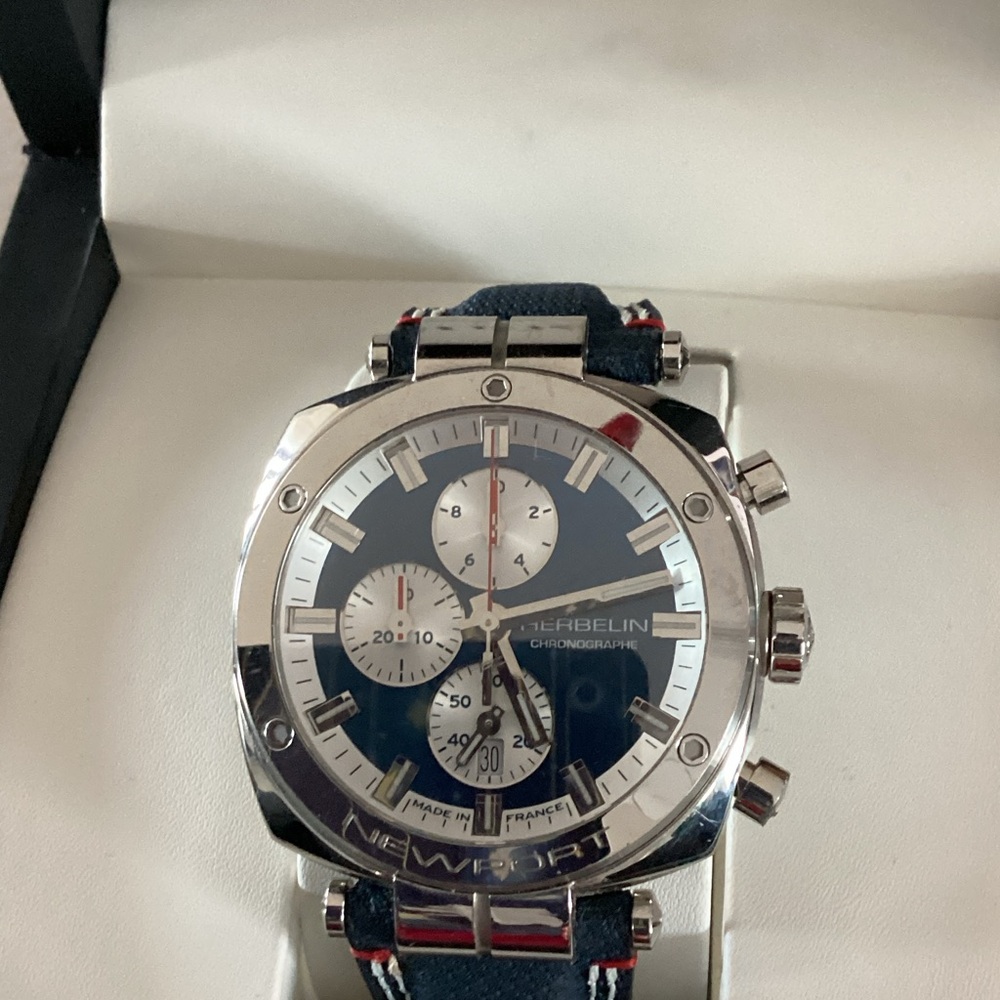 Michel Herbelin Men's Silver and Blue Chronograph Watch